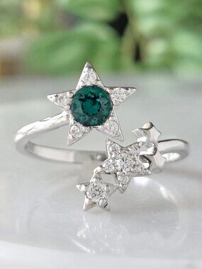 Emerald Green Star Cluster Ring with Swarovski Crystals, Celestial Theme